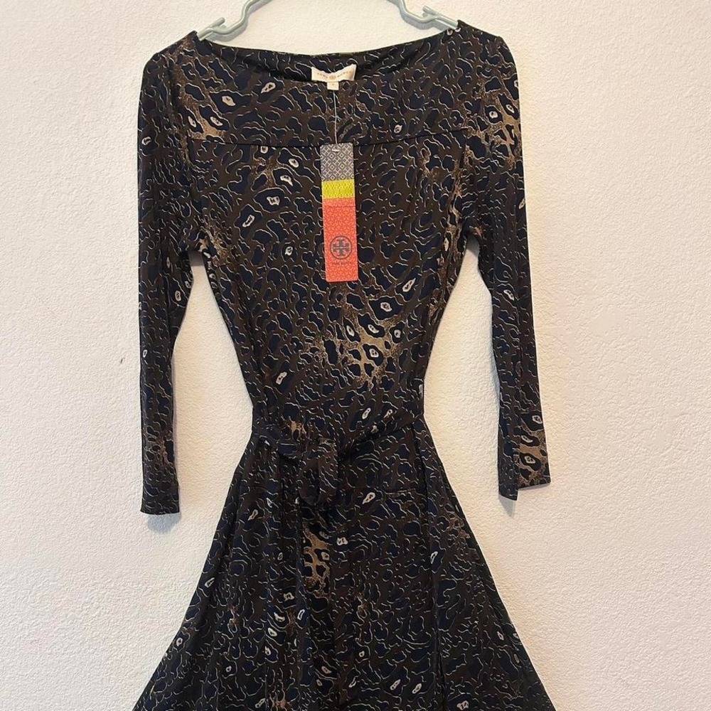 NWT $375 Tory Burch blue brown and black leopard print dress size S